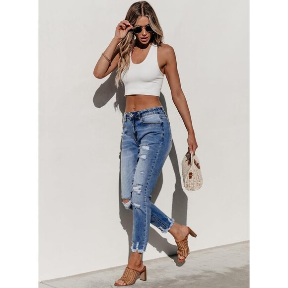 Women's Distressed Straight Leg Boyfriend Jeans Denim Spring Summer - Picture 5 of 6